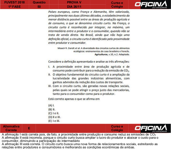 Questão 50 - Prova V - 1ª Fase Fuvest 2018